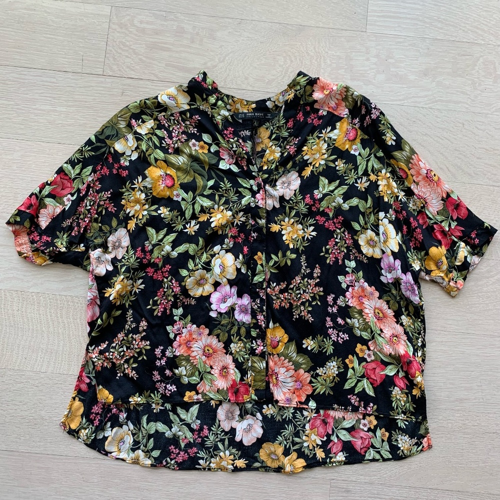 Zara Basic Satin Floral Oversized Blouse